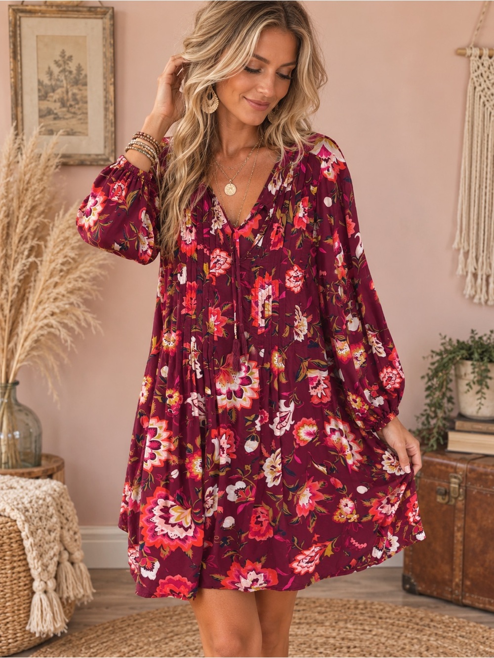 Boho Burgundy Floral Long Sleeve V-Neck Flowy Dress